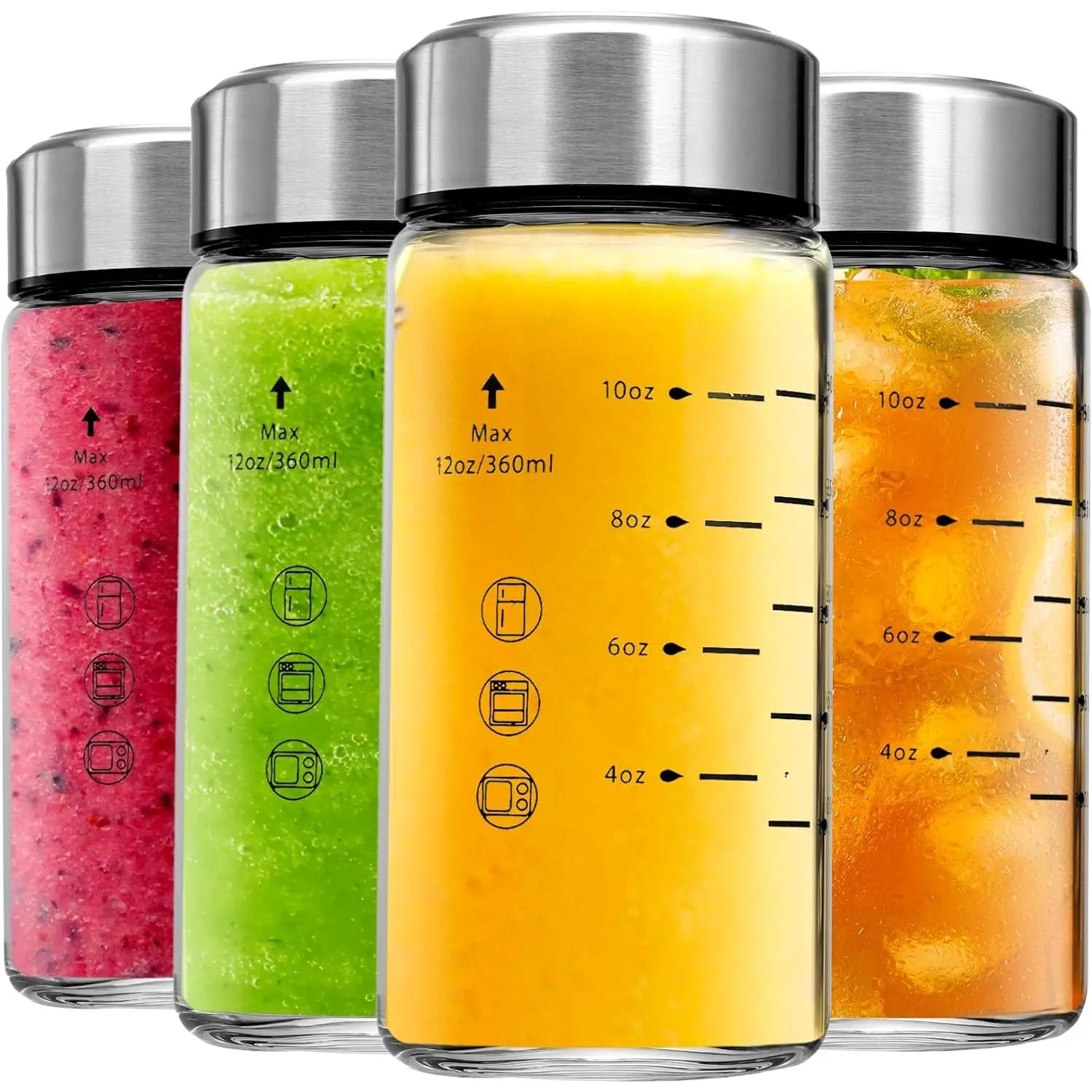 BPA-Free Modern 20 oz Borosilicate Glass Bottles Set (4 Pack) - Airtight, Cadmium-Free, Wide Mouth Kitchen Organizer Containers with Leakproof Stainless Steel Lids, Measurement Markings for Juicing, Coffee (All Seasons Use)