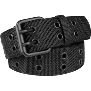 Double Prong Belt Plus Size 39 to 71'' Black Grommet Nylon Belts for Men Women Unisex Solid Buckle Webbing