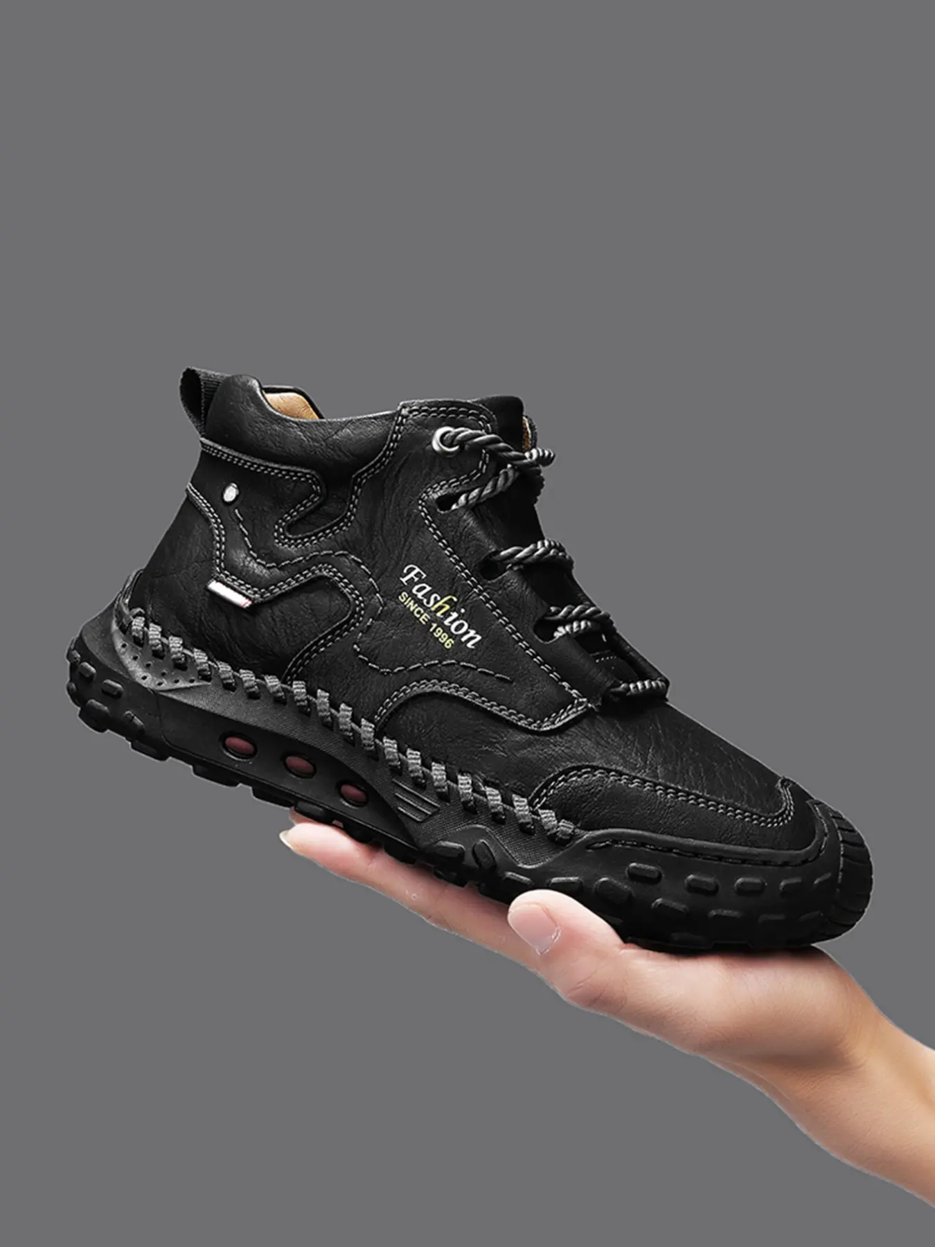 Men's Fashion Casual Shoes, Walking Shoes, Hand-Stitched Mid-Calf Boots, Laces-Up Bare Boots, British Style Work Boots, All-Season Solid PU Rubber Sole, Casual Outdoor Boot, Footwear
