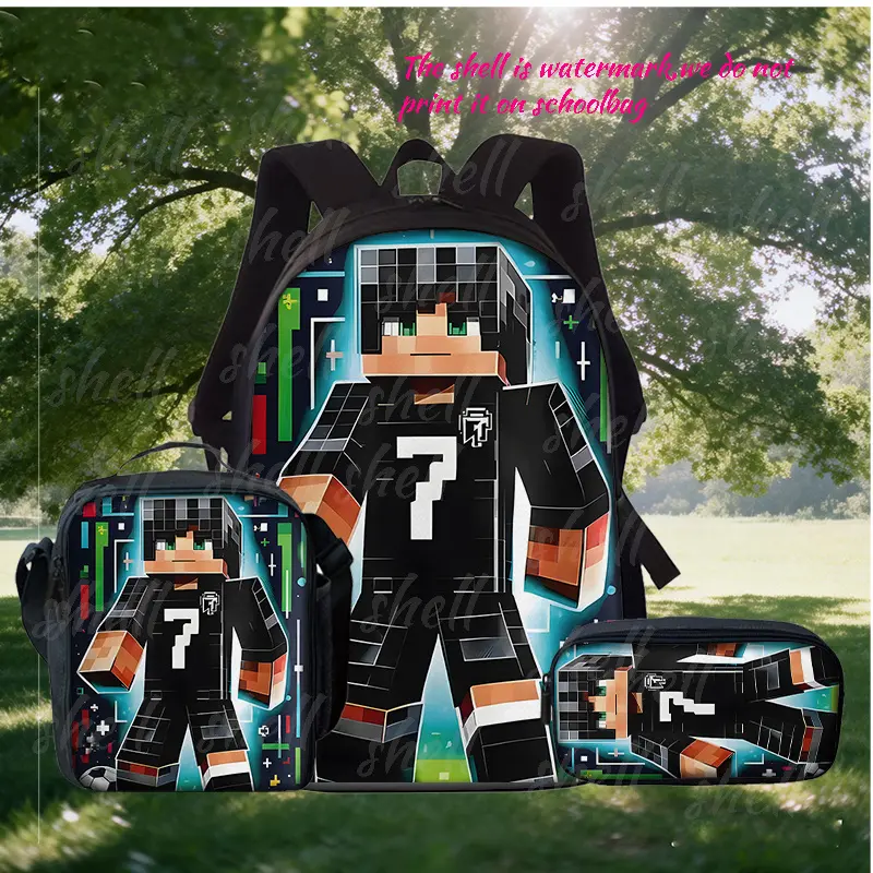 Cristiano Ronaldo Minecraft Style 3-Piece Backpack Set, CR7 Football Skin Print School Bag + Lunch Bag + Pencil Case, Oxford Cloth Adjustable Strap Daypack for Gamers & Soccer Fans,back to school,back to school shopping,travel essentials
