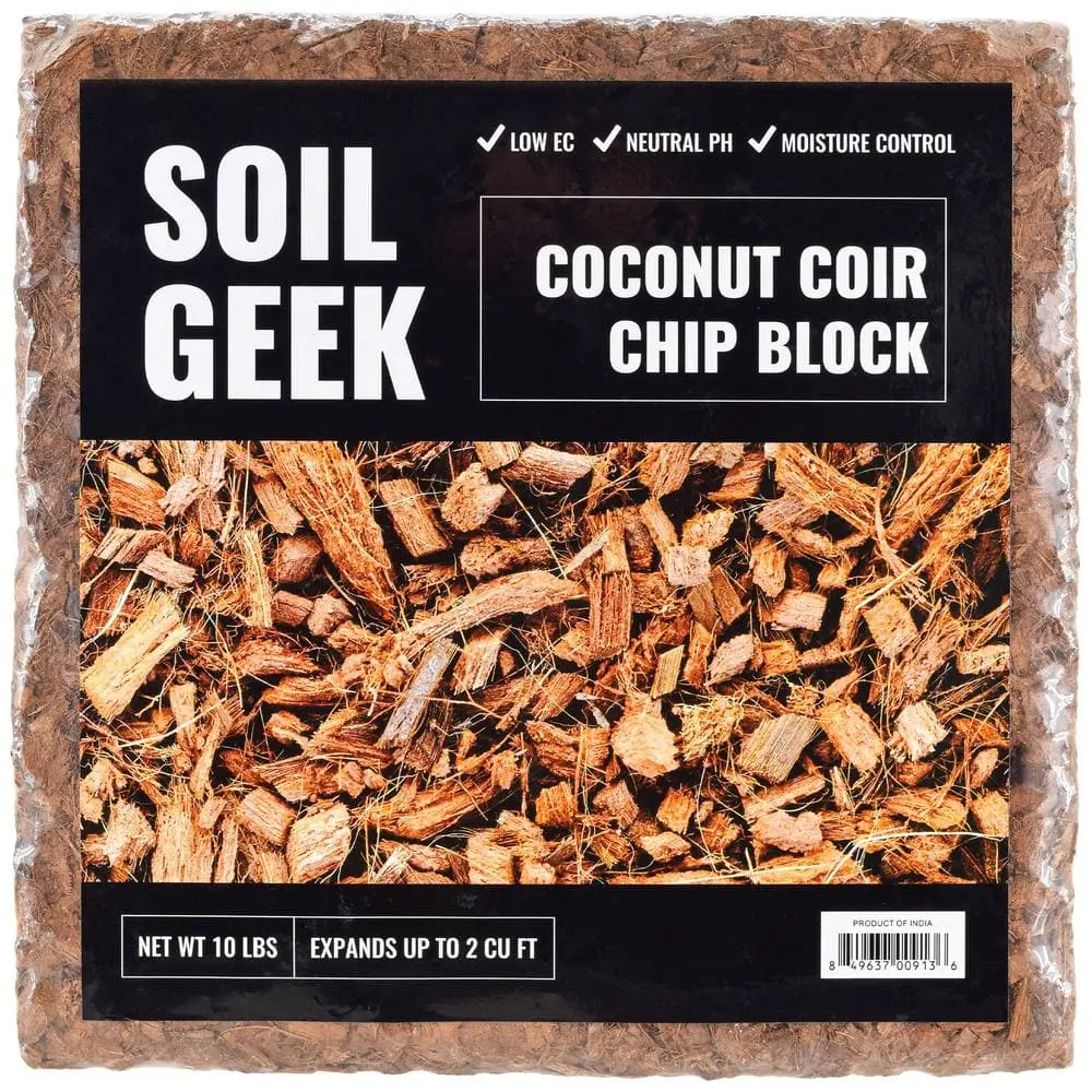 10 Lbs Organic Coconut Coir Chip Block - Reusable Soilless Grow Media & Soil Amendment, Drainage Aid, Absorbs Animal Waste, Expands with Water to 2 Cu Ft, Low EC, Natural Anti-Fungal, Neutral pH, Chip Texture, Odor Control
