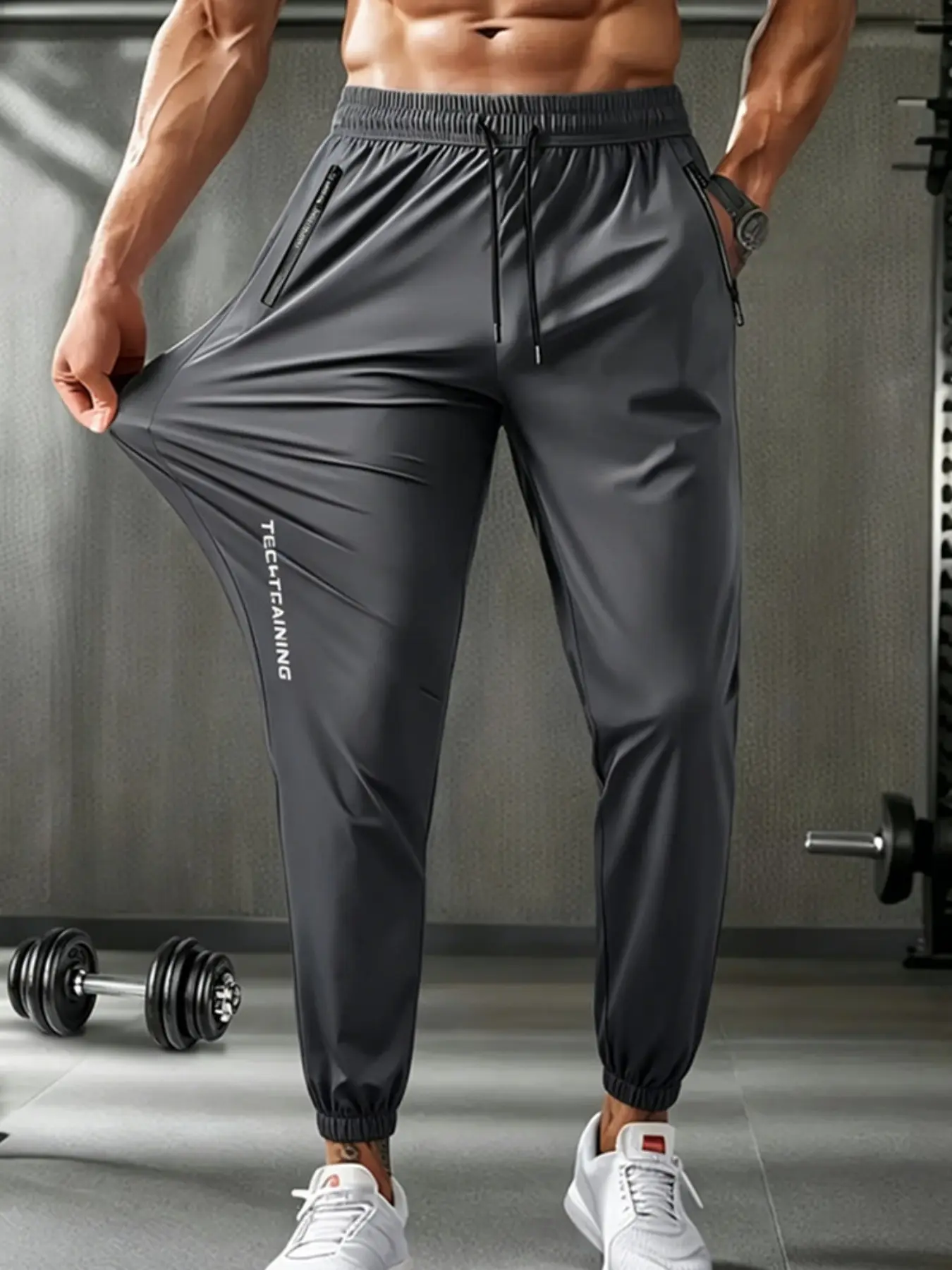 3-piece set of men's summer ice silk cooled jogging pants, fast drying lightweight technical training sports pants, elastic drawstring waist exercise pants, Workout Gym Pants, Tight Fitting Pants, Athletic Sportswear