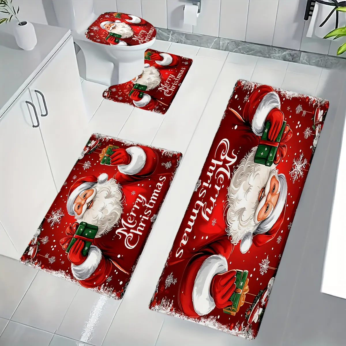 4pcs/Set: Christmas Santa Claus Bath Mat Set - Soft And Absorbent for Bathroom Decor,3,shower,floor