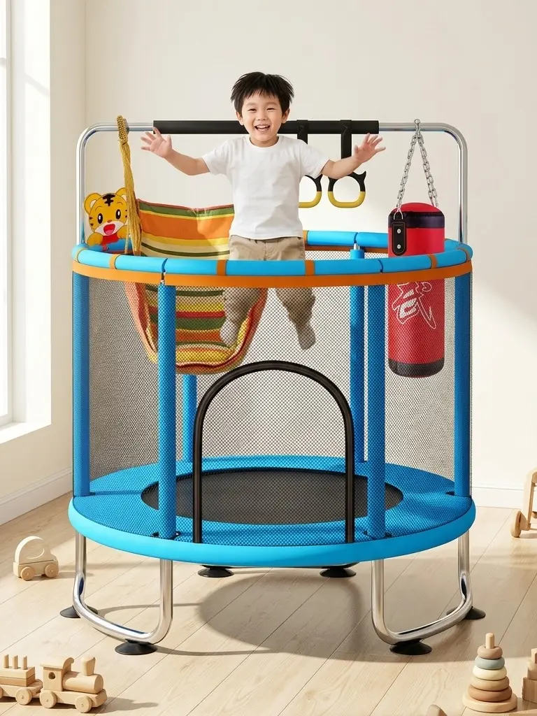 59" Kids' Trampoline - Indoor Outdoor Toddler Trampoline with Adjustable Gymnastics Bar, Small Basketball Hoop, Sandbags & Swing, Gifts for 1-8 Year Old Boys & Girls