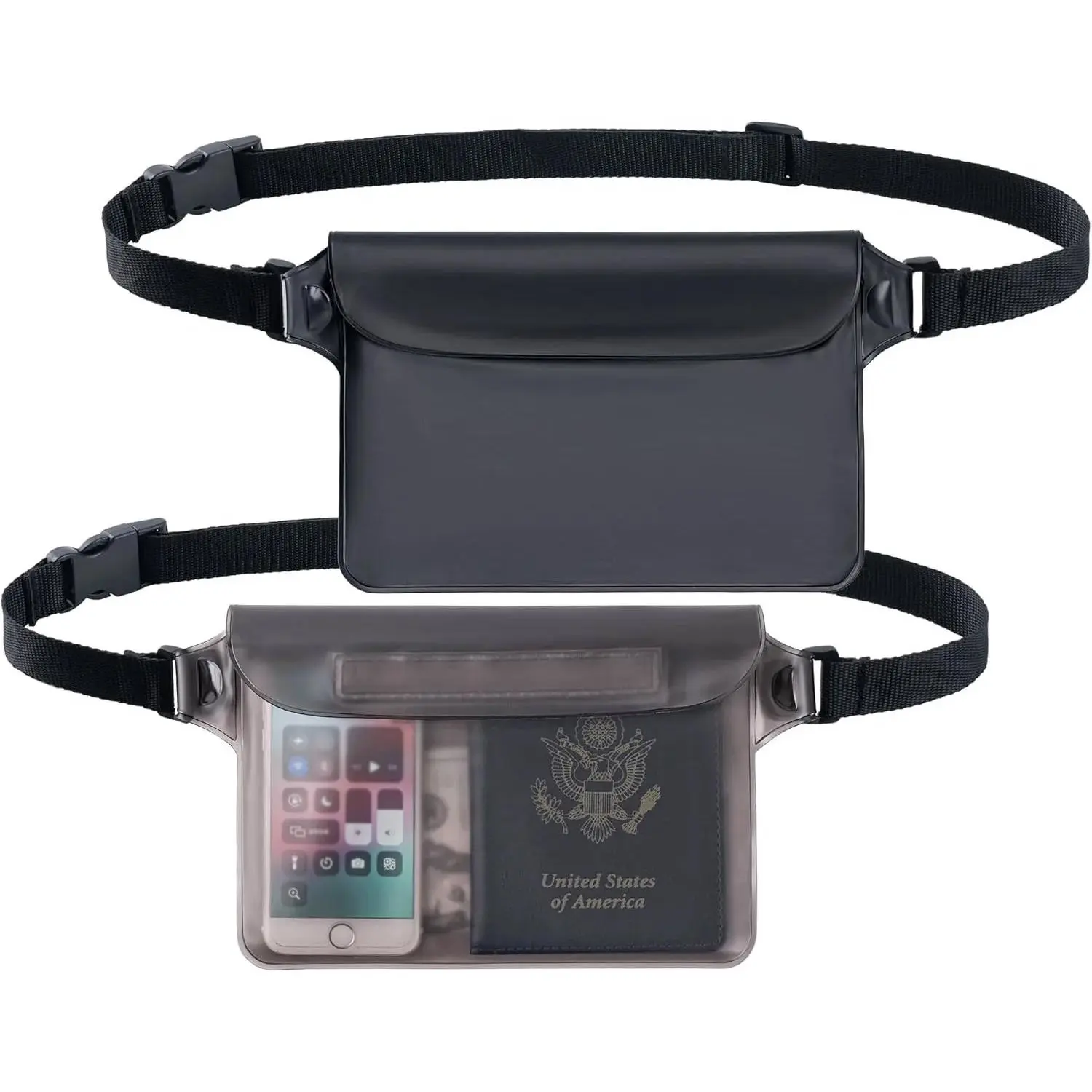 2-Pack Waterproof Belt Bag with Adjustable Waist Strap, Buckle, Touch-Sensitive Screen Dry Bag for Swimming, Kayaking, Paddle Boards, Keeps Phones & Valuables Secure for Tubing, Sailing, Rafting, Canoeing, 32–46" Strap Fit, Pvc, Touchscreen Friendly, Zip,