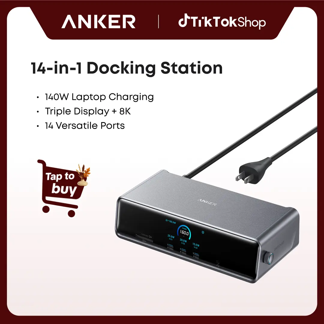 Anker Prime 14-in-1 Docking Station (DL7400) - PC Accessories for PC & Laptop Users, 14 Connections, Triple 4K 60Hz DisplayLink, 140W Max 140W Upstream, Smart Display, Cooling Fan, USB-A, DisplayPort, Charging Ports (Requires Latest DisplayLink Driver)