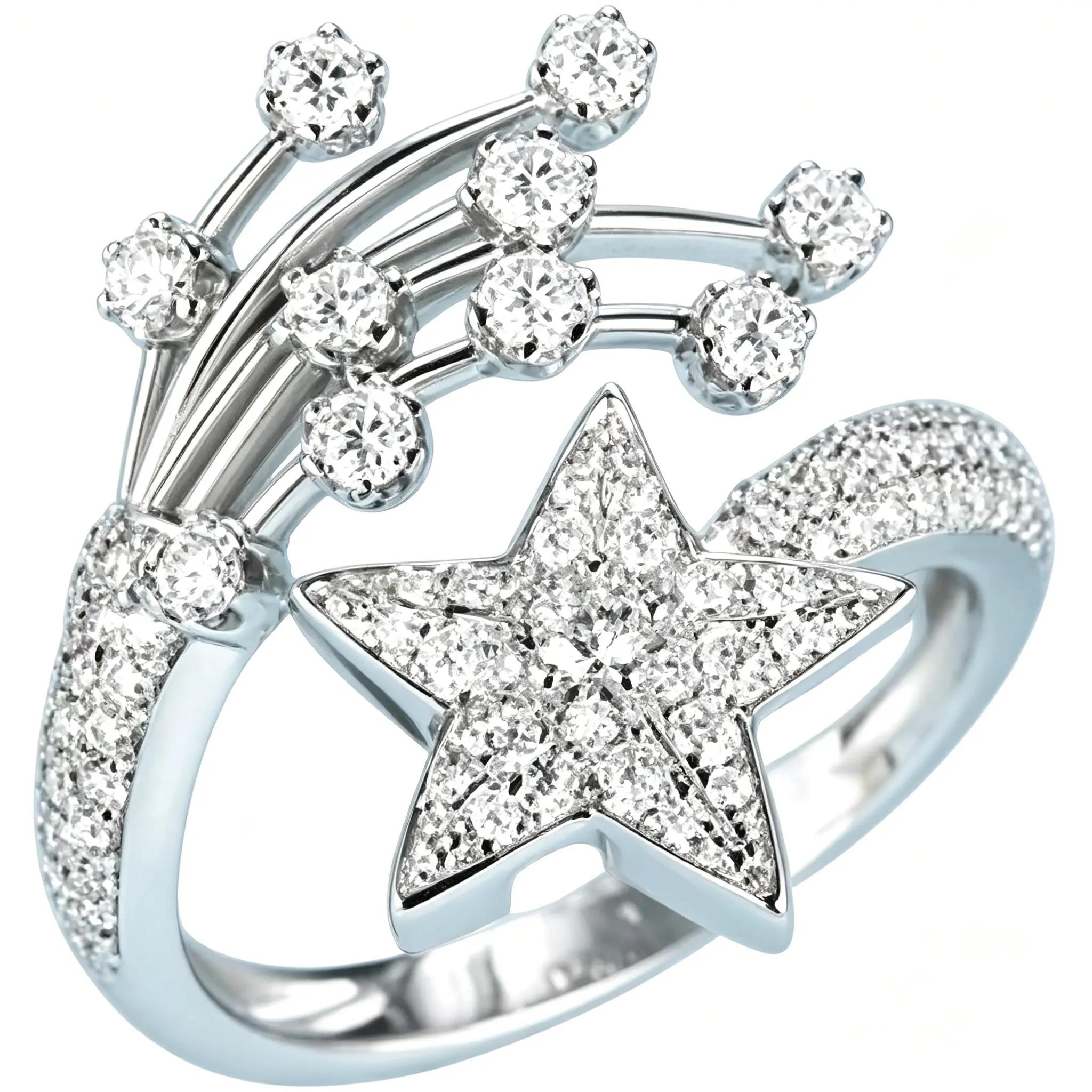 925 Sterling Silver Round Cut Diamond Delicate Open Cuff Star Celestial Pave Set Engagement Ring For Women Wedding Ring Handmade Jewelry Gift For Her