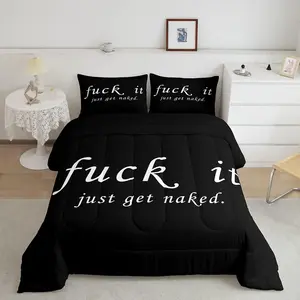 Feelyou Breathable Bed Comforter Set - Black White Creative "Get Naked" Funny Quotes Duvet Set for Romantic Couples' Bedroom Bedding, Bedroom Bedding Set