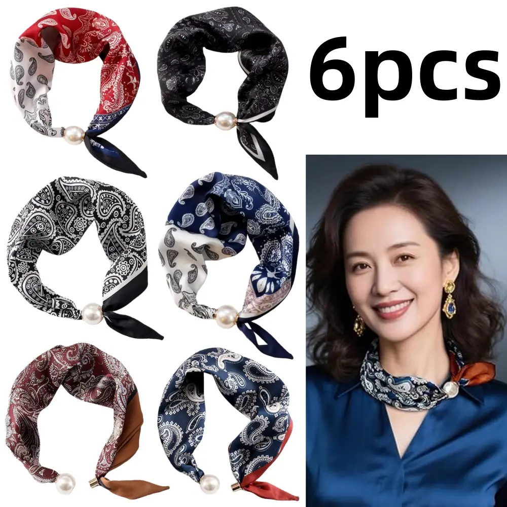 Women's 6-Piece Classic Print Satin Scarves - Magnetic Pearl Neck Tie, Elegant Costume Prom Gift Fashion Accessory, Magneticpearl