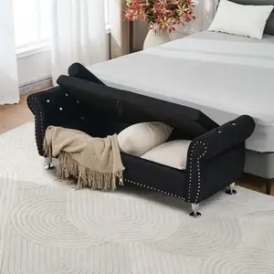 62.2 Inch Soft Velvet Storage Bench with Crystal Buttons & 1 Pillow for Bedroom & Living Room Spacious Rectangular Storage Solution Sturdy Construction Exquisite Design