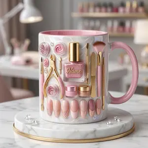 Nail Tech Mug 3D, 2D Printed 3D Effect Faux 3D Ceramic Coffee Cup with Custom Name Nail Salon Manicurist Design for Nail Technicians and Nail Lovers, Perfect for Cosmetology Graduation, Birthday and Gift for Beauty Professionals Keepsake