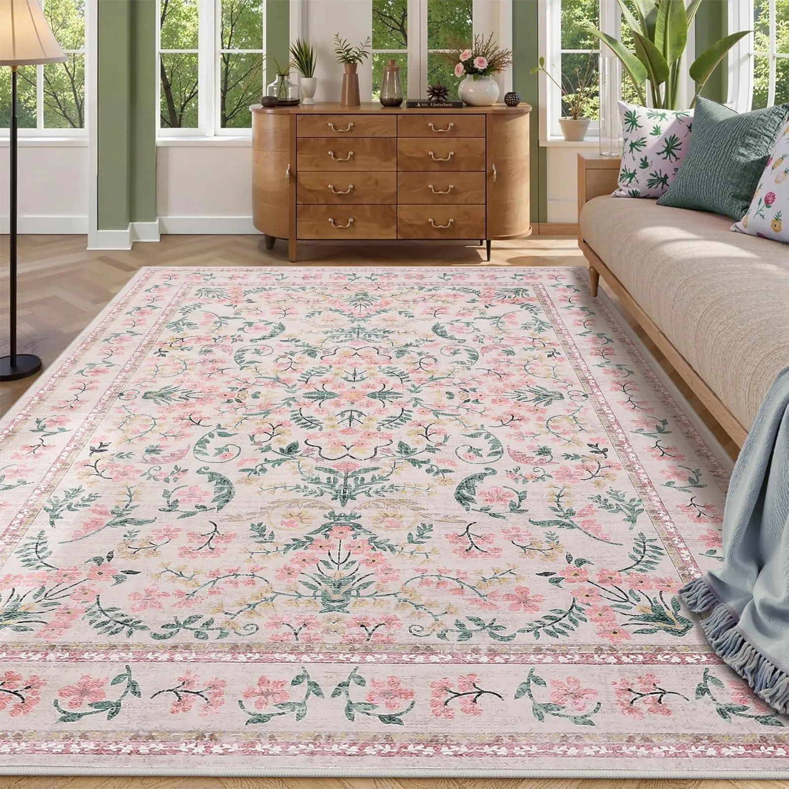 GARVEE Pink Area Rug 5x7 for Living Room, Washable Non Slip Low Pile Rugs, Floral Soft Carpet for Living Room, Bedroom, Dining Room