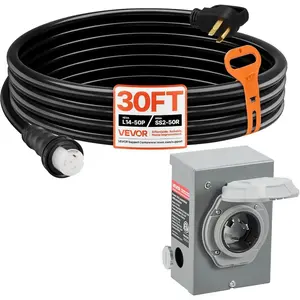 VEVOR 50 Amp Generator Cord and Power Inlet Box Kit, 50FT Generator Extension Cord NEMA 14 - 50P/SS2 - 50R STW 6/3+8/1 AWG with Twist Lock Connector, Pre - Drilled Inlet Box, ETL ListedVEVOR Super Brand Day