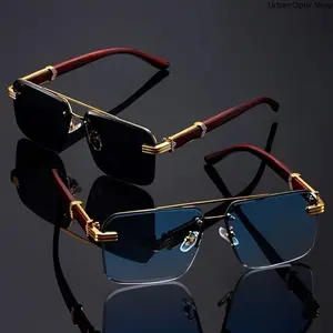 XUH 2-Pack Frameless Double Beam Sunglasses, Frameless Glasses with Wood Grain Temples, UV400 Protection UV Men's Sunglasses, Unisex Fashion Eyewear for Driving, Daily Use