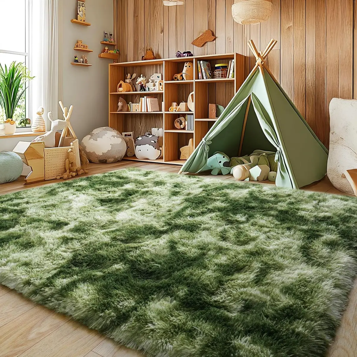 JAKOLIVE Traditional Rectangle Tie-Dyed Green Crochet Bohemian Area Rug - Eco Polyester, Fiber-Shed Free, Anti-Slip Cozy Decorative Durable Floor Mat for Living Room Decorations, Bedroom Use, Ideal Gift