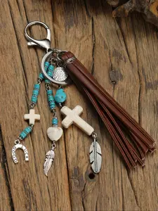 Boho Style Leaf & Cross & Turquoise Texture Design Keychain, Western Style Tassel Decor Keychain for Women & Men, Fashion Accessories for Daily Use, Gothic Cross Keychain