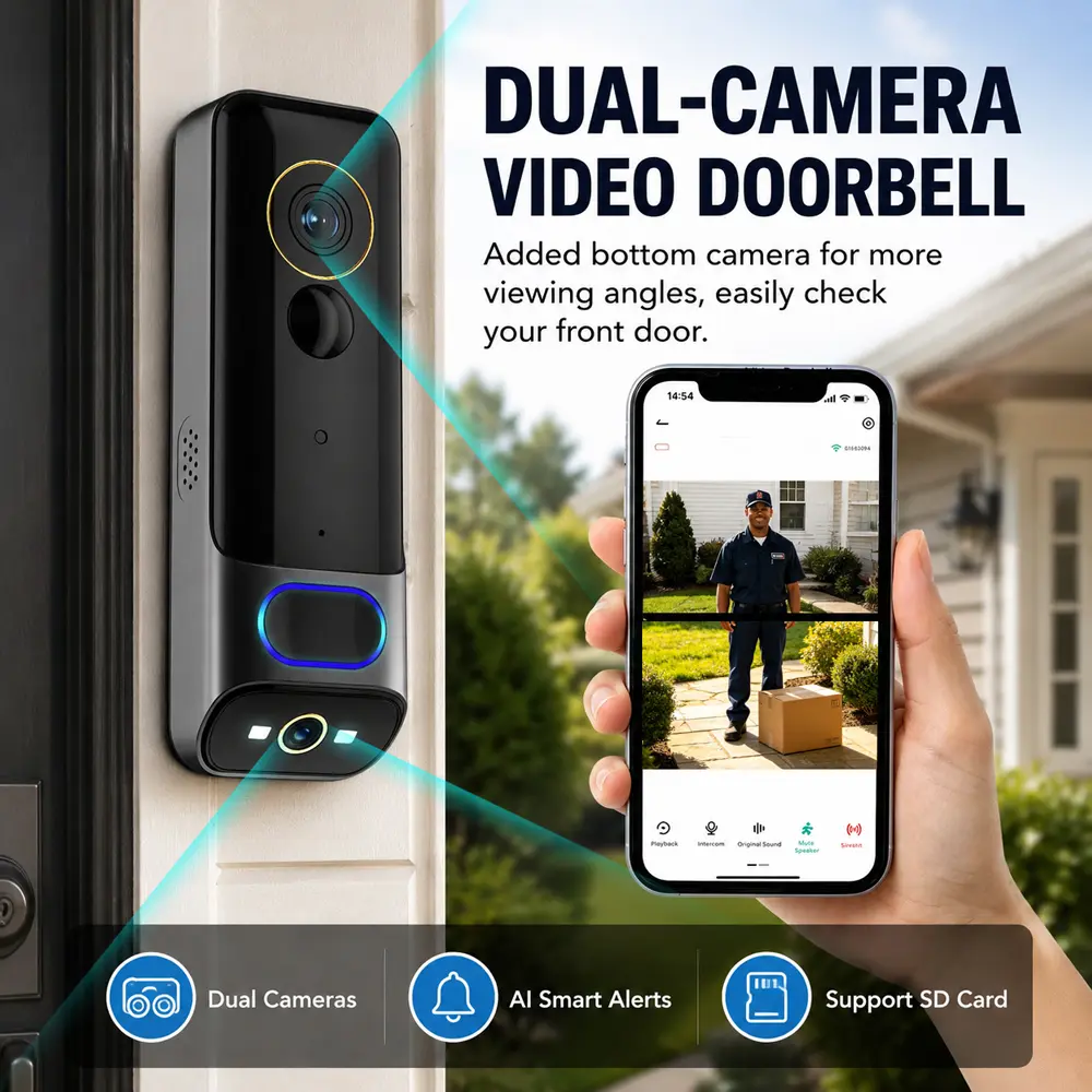 2K Dual Cameras Security Video Doorbell | No Monthly Subscription, Full-Body View, Color Night Vision, Two-Way Audio, AI Human & Package Detection