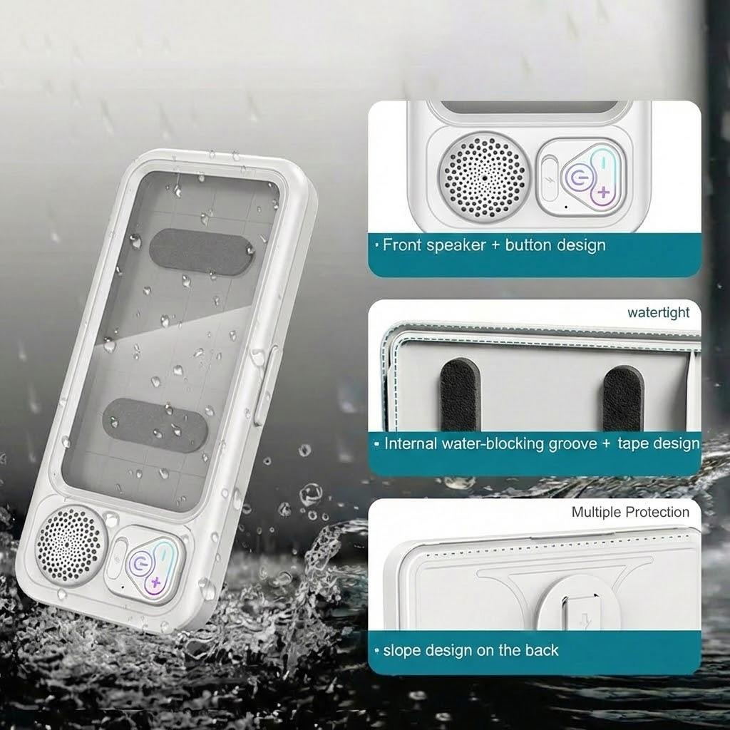 Waterproof Shower Phone Holder with Bluetooth Speaker & 360° Rotation, Touch Screen Wall Mount Stand for Bathroom