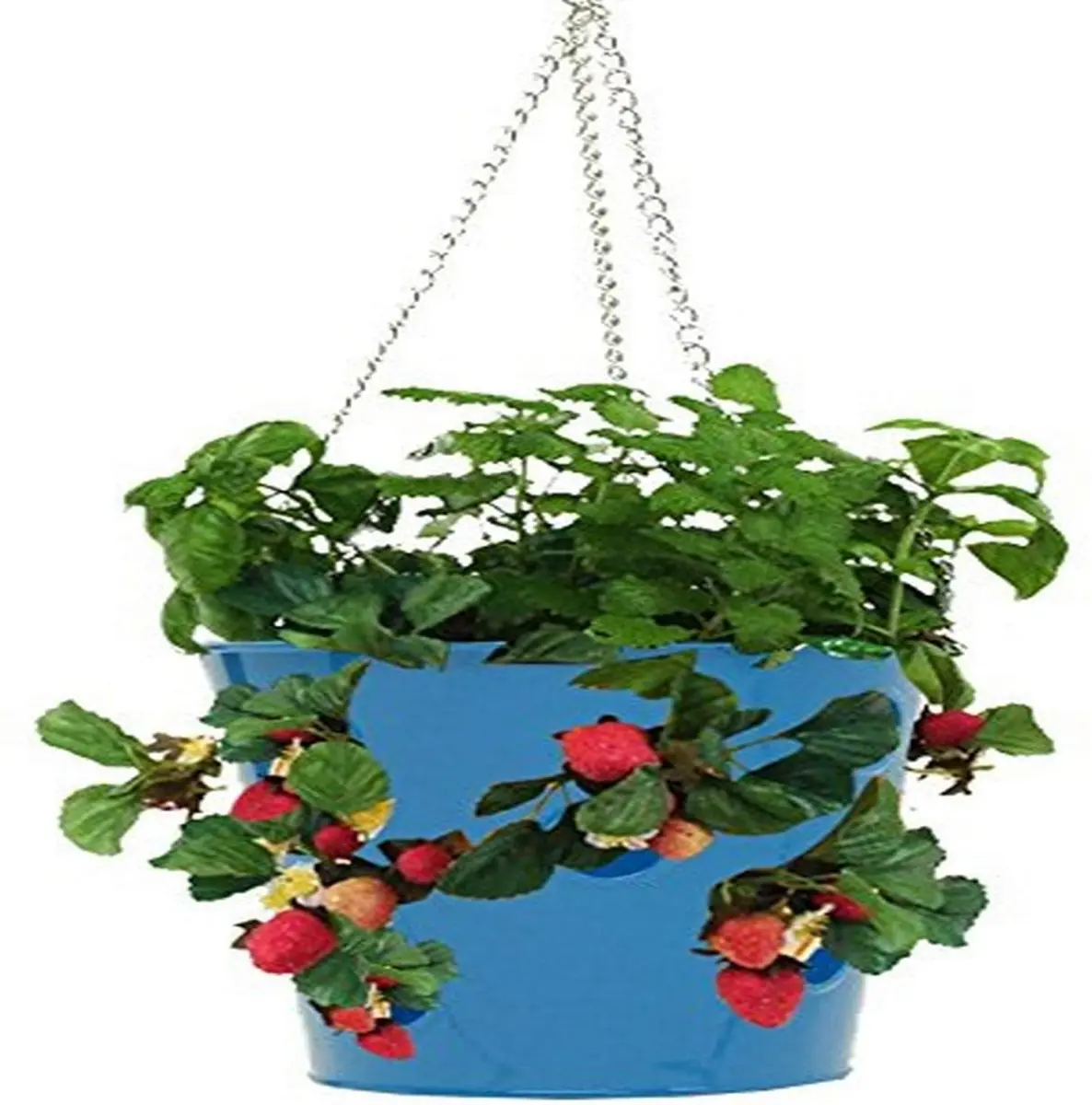 8396E-B S-2 Rustproof Enameled Galvanized Steel Hanging Planter for Strawberries, Herbs, Florals - Blue, Outdoor/Indoor Room Decor, Set of 2