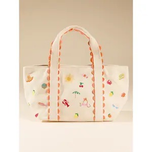 Summer Icons Mini Tote Bag – Embroidered Beach Canvas Tote with Colorful Coastal and Vacation-Inspired Design