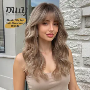 Nati -DWY New Technology! Bionic Silk Top Mix Honey Bronde 22-Inch Long Wave Glueless Synthetic Wig with Bangs for Women High-Quality Premium Fiber Easy Wear Comfortable Fit Straight Layered Wigs Convenient Wigs