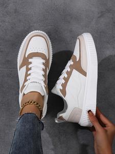 women's fashionable letter patchwork design lace up sneakers, casual comfortable breathable sports shoes, female all-match round toe shoes for daily wear