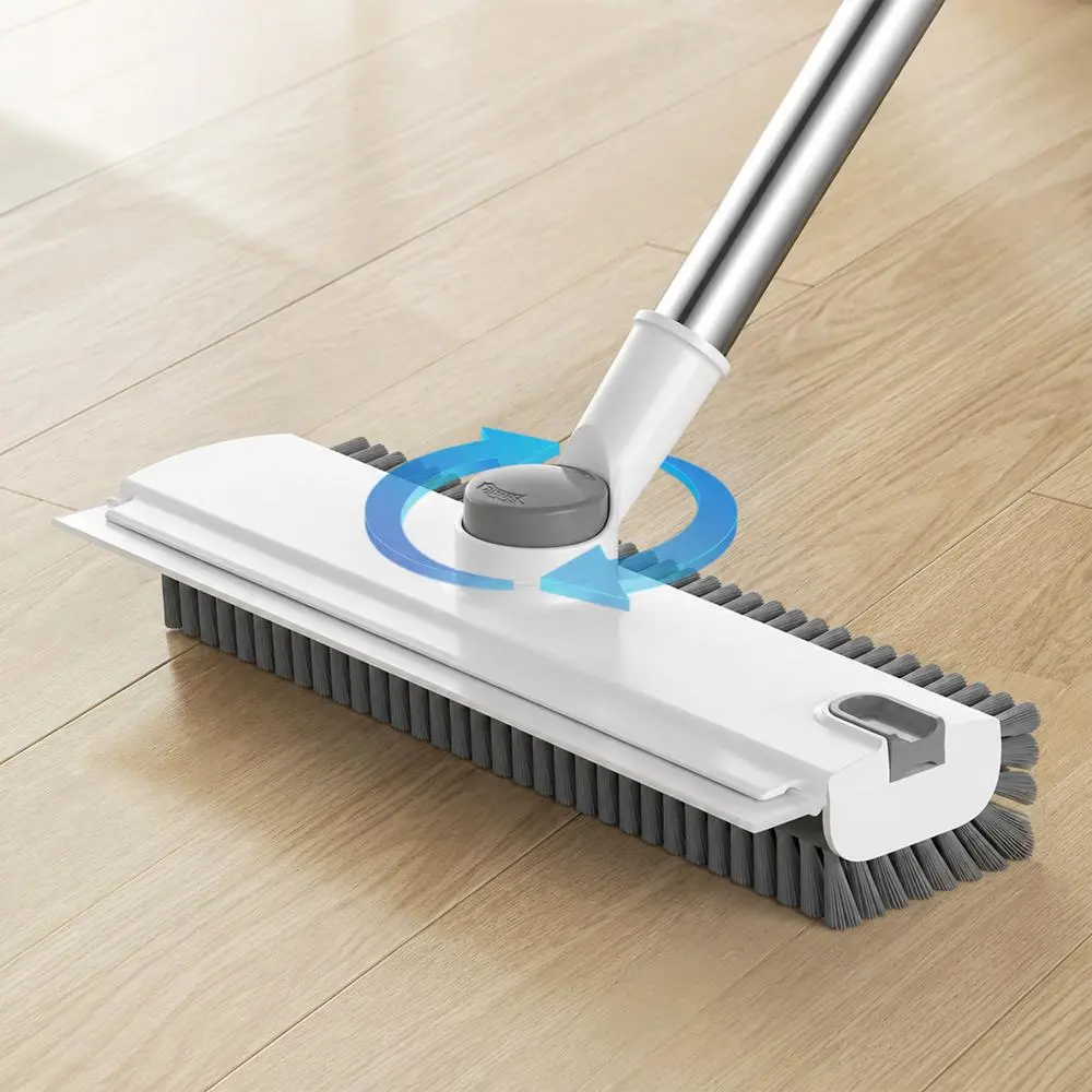 Extended Ergonomic Long Handle 3-in-1 Floor Scrubbing Brush Detachable Replaceable Scrape Edge Blade Long Lifespan Stiff Bristles, Multi-Zone Clean Tool for Shower Bathroom Pool Backyard Garage Kitchen Wall Exterior Balcony Deck White&Grey