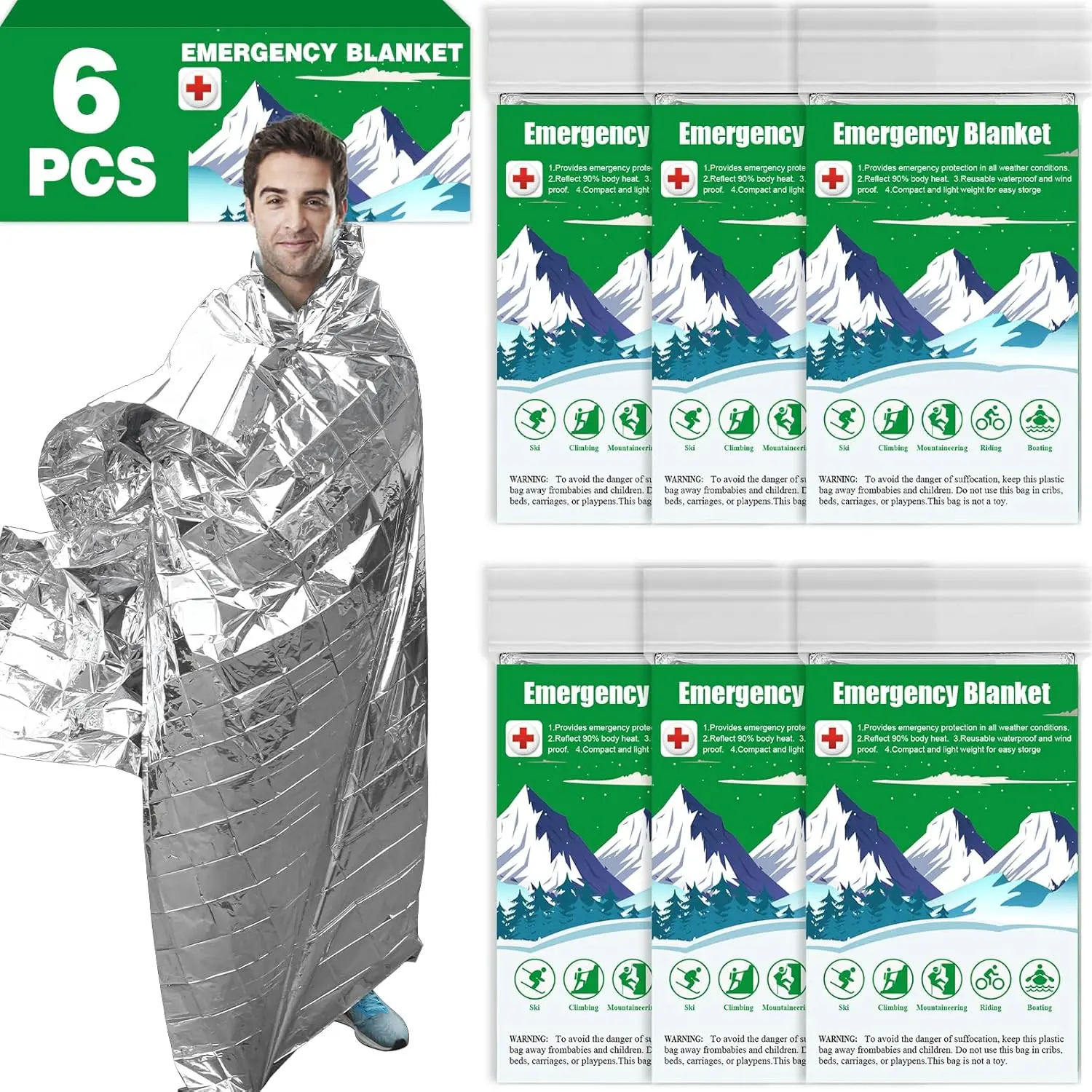 6 Pack Emergency Thermal Blanket , 84" x 52" Mylar Blanket, Space Blanket, Silver Foil Blanket,  Kit Camping Blanket, Body Warmer Blanket for Outdoor, , Hiking