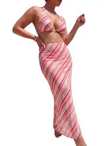 Sexy Plus Size Boho Pattern Striped Skirt Bikini Set, Elegant Medium Stretch Swimwear, Three-Piece Swimsuit for All Seasons, Plus Size Fit Swimsuit