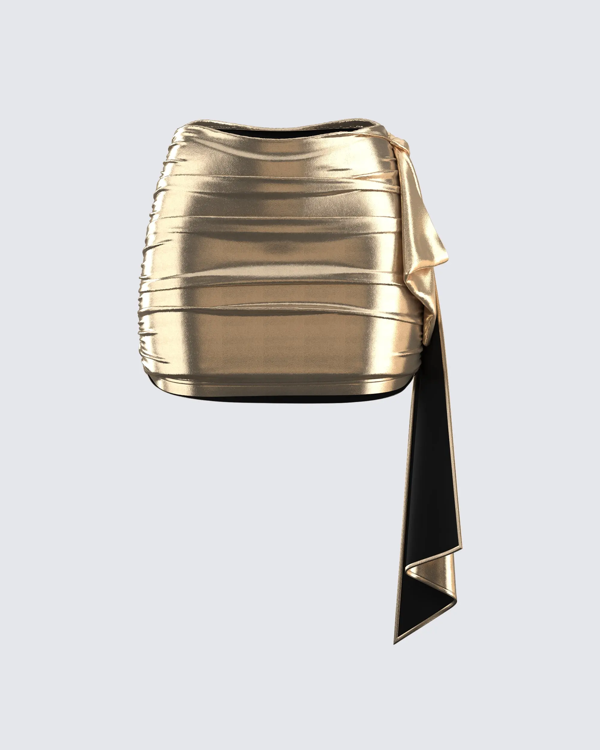 Women's Gold Ruched Metallic Spandex Bodycon Mini Skirt - High-Shine, Dramatic Draped Asymmetrical Hem, Chic Womenswear Bottoms