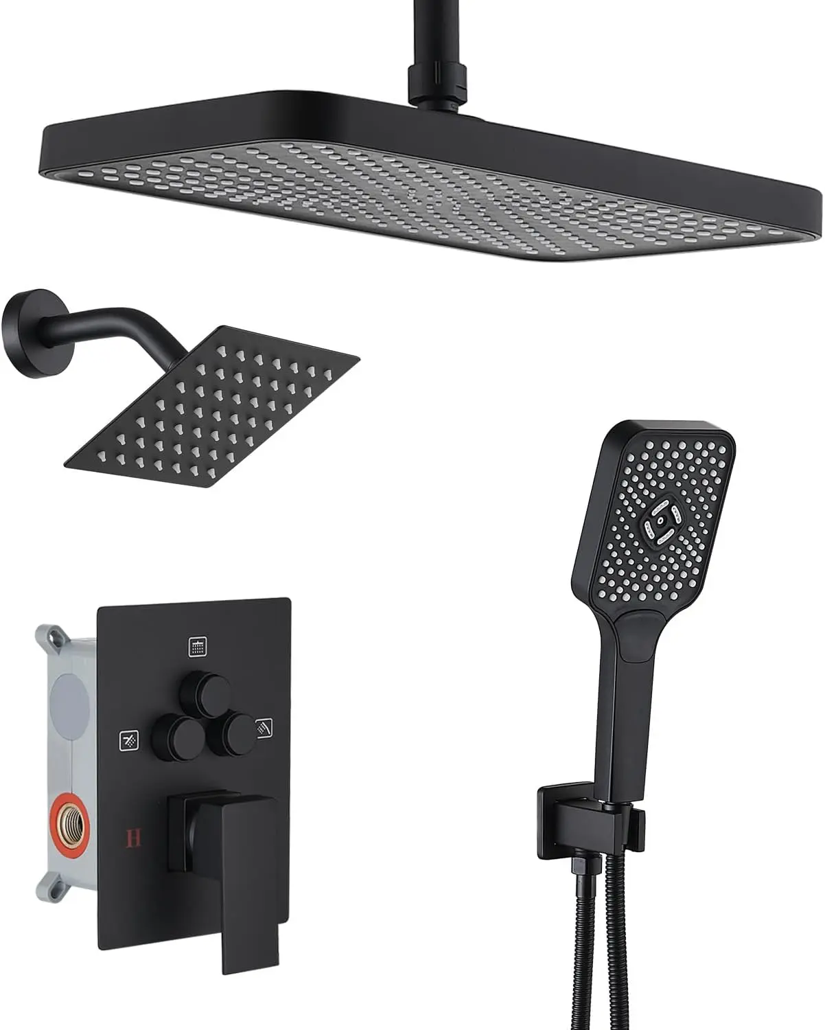 Shower Faucet Set Matte Black With Handheld Shower Head | Push Button Diverter Shower Faucet With 6 & 12 Shower Head