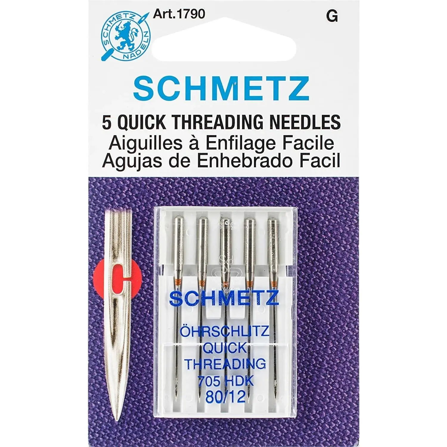 Schmetz Self-Threading Sewing Needles - 80/12 Size, 5-Pack, Model 1790, Standard Flat-Shank 130/705 H Style, Slotted Eye, Easier Threading, Prevents Skipped Stitches, Reduces Shredding, For Cotton Fabric, Repairs & Household Machine General Sewing