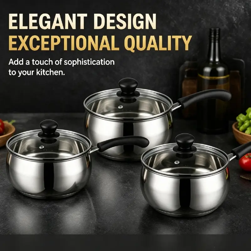6PCS Stainless Steel Saucepan Set with Glass Lids, Milk Pot Cookware Set, Durable Easy to Clean, Even Heating, Ergonomic Handle for Soup, Milk, Noodles, Home Kitchen Cooking