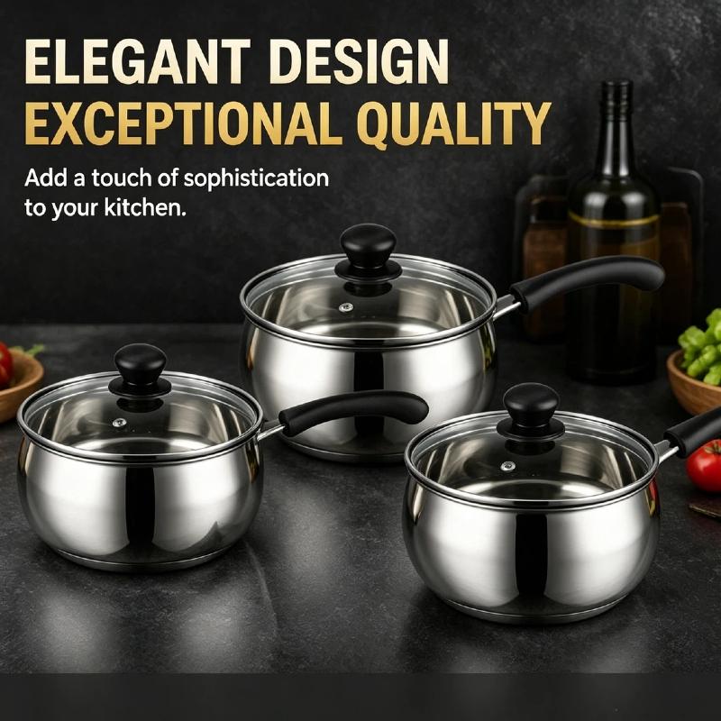 6PCS Stainless Steel Saucepan Set with Glass Lids, Milk Pot Cookware Set, Durable Easy to Clean, Even Heating, Ergonomic Handle for Soup, Milk, Noodles, Home Kitchen Cooking