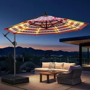 10ft Solar Lights Offset Cantilever Patio Umbrella - with Light and Base, LED Lighted Offset Hanging Patio Outdoor Market Umbrella UPF50+ UV Protection with Easy Tilt and Crank for Pool Deck & Garden