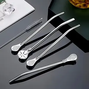 3-Piece Stainless Steel Filter Straw Spoon Set with Cleaning Brush, Reusable Tea Coffee Cocktail Straws, Multi-Functional Home & Hotel Use, Beverage Utensil