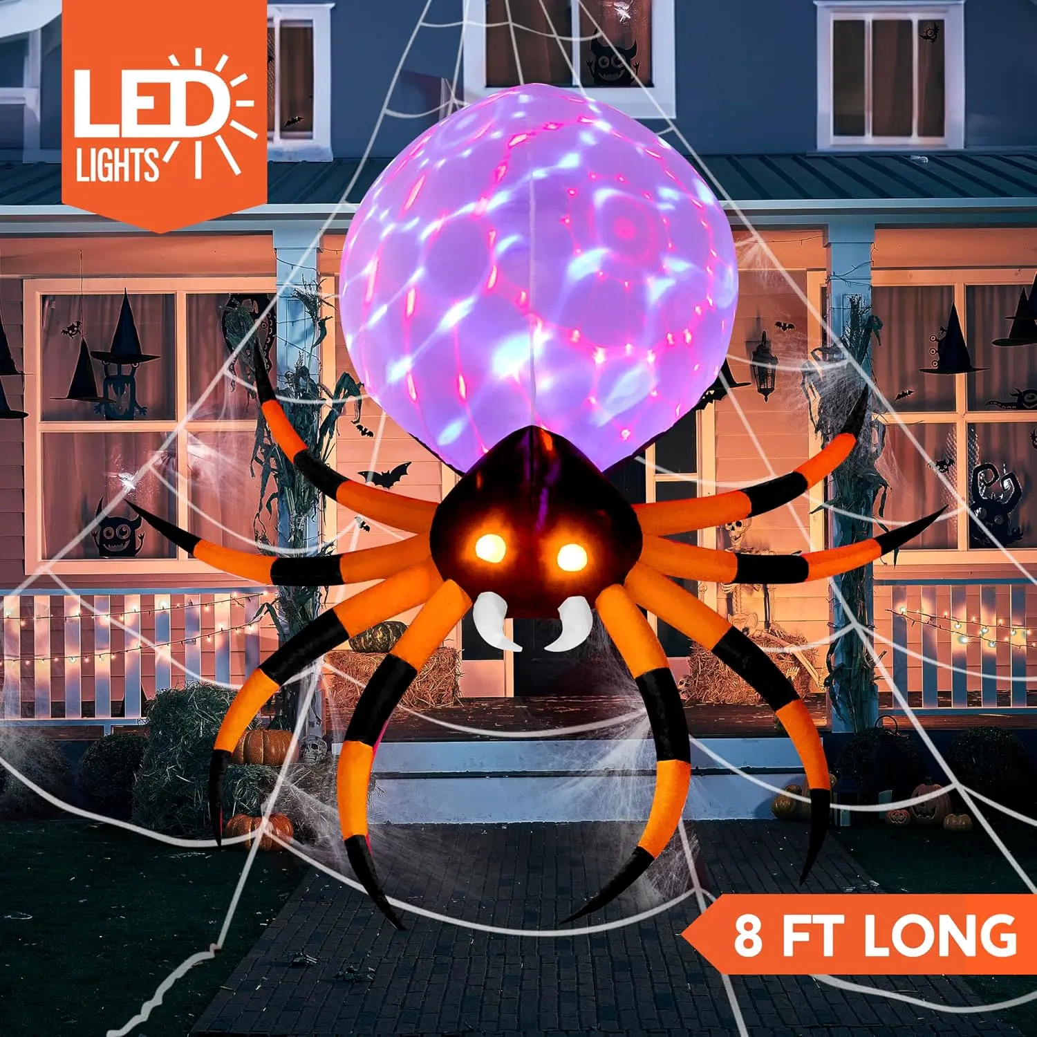 8FT 2026 Halloween Inflatable Giant Spider Outdoor Decorations – Blow Up Spider Yard Decorations with Rotating Colorful Light and Glowing Eyes for Halloween Party Lawn Garden Outside Decor