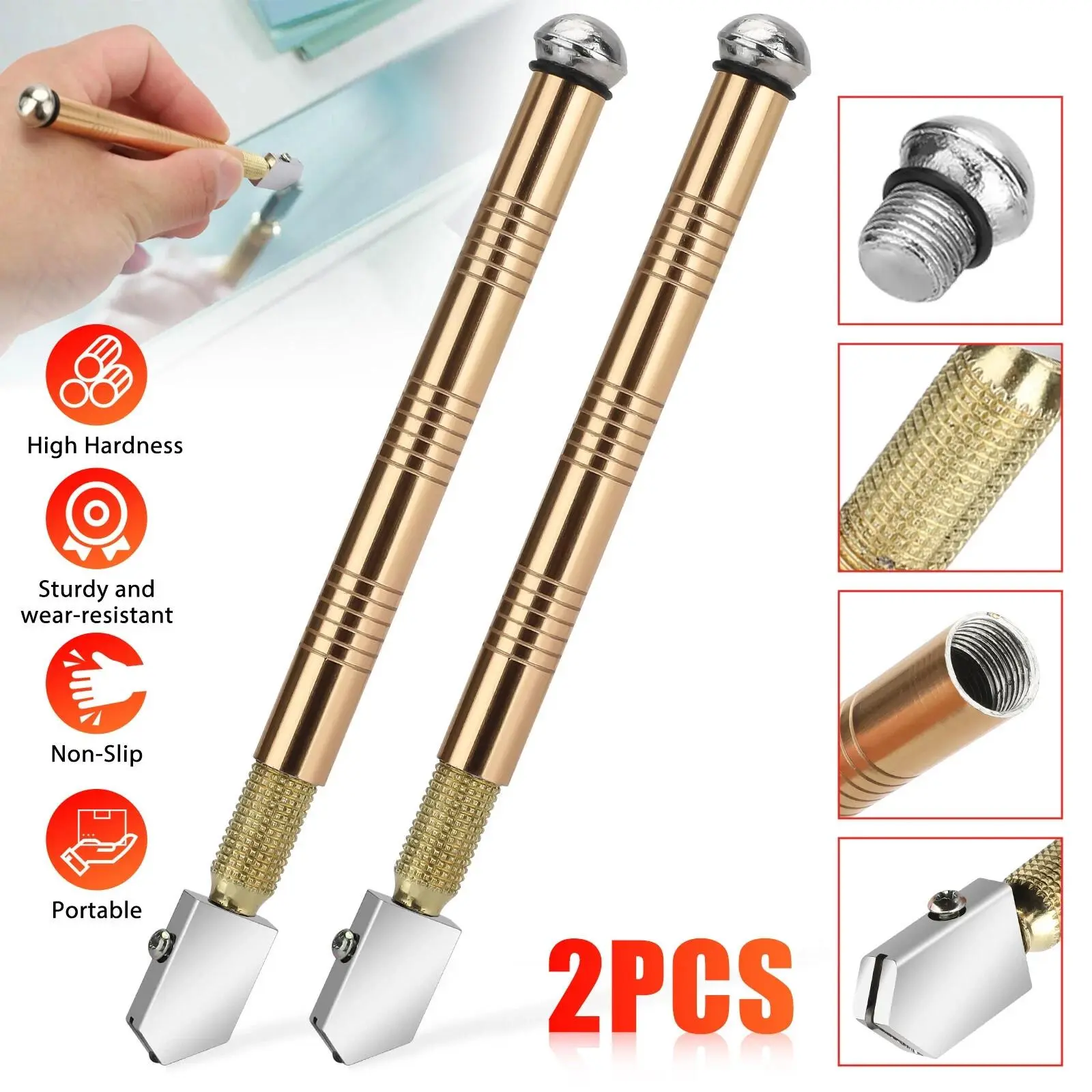 2Pcs Professional Diamond Glass Cutters - High Precision Carbide Hand Tools with 15.5cm Compact Mini Size, Durable Metal Tapping Head, Anti-Skid Grip, Portable for Home DIY Glass Cutting Tasks
