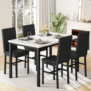 Four-Person Dining Table Set, Faux Marble Small Dining Table Set, Modern Soft Cushion PU Leather Chairs