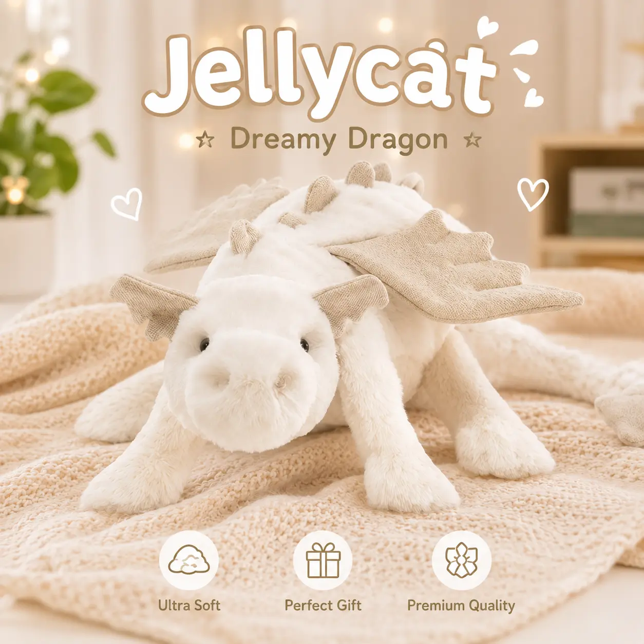 Jellycat Onyx Dragon Plush Doll 50cm – Giant Black Fantasy Dragon Stuffed Animal Cute & Fierce Bed Decor Interactive Pet Toy
