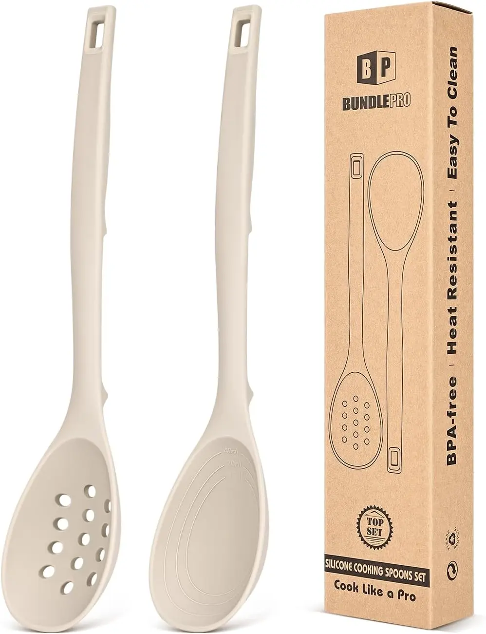 Pack of 2 Silicone Cooking Spoons, Non Stick Solid Kitchen Spoon with Measuring Marks & Back Hooks, Heat Resistant Silicone Slotted Spoon for Cooking, Mixing, Stirring,Serving(KHAKI)