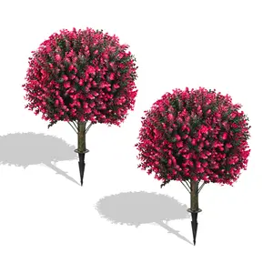 Set of 2  Rose Boxwood Topiary Ball Bush for Outdoor with Ground Spike 22", UV Resistant Faux Greenery Shrubs, Fake Rose&Green Boxwood Plants for Garden, Yard, Porch, Patio Decor  ivy privacy fence Decorative Fruit  topiary tree realistic outdoor