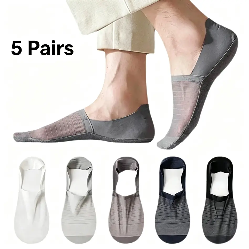 Men's 5-Pack Ice Silk Cooling No-Show & Liner Socks - Heel Secure, Breathable, Anti-Slip, Invisible Low-Cut, Cotton Sole, Seamless Mesh, Chic, Minimalist, for Summer Casual Wear, Blue Black, Menswear Sock Set, Stylish