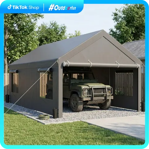 Walsunny Carport 12x20ft Outdoor Car Canopy Portable Garage, Heavy Duty Shed Tent Gazebo Port with Roll-up Ventilated Windows & Removable Sidewalls Shelter Storage Vehicle Party Moisture Prevention for Camp, Farm, Tool, Grey, Khaki, White,Durable Pvc