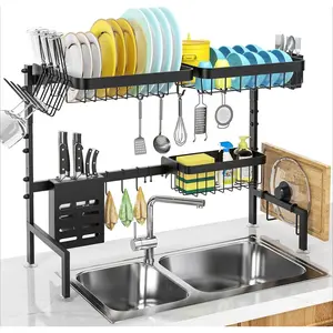 Adjustable Over-the-Sink Dish Drying Rack 25.6-33.5" 2-Tier Stainless Steel Drainer with Cutting Board Holder Space-Saving Kitchen Organizer Black