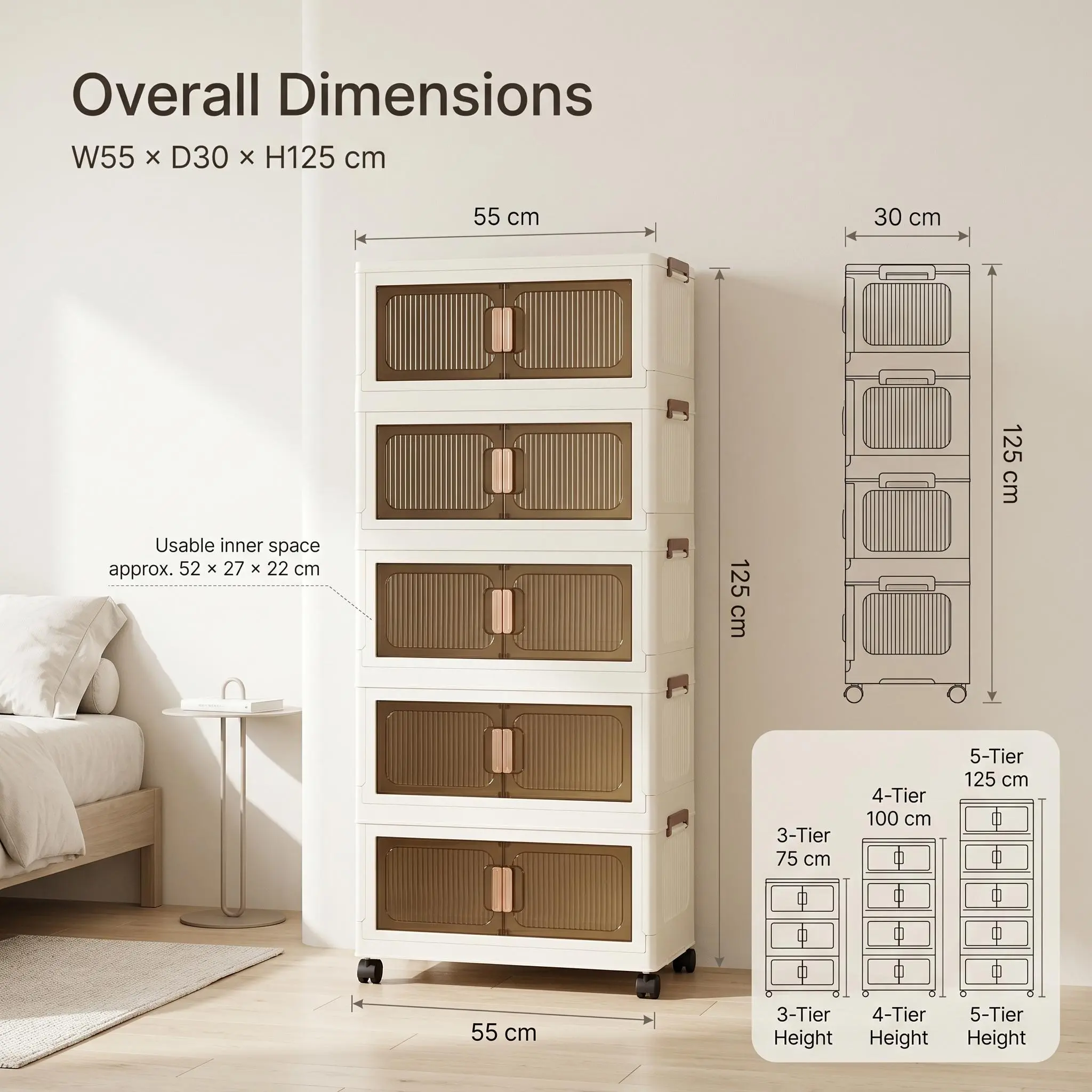 【US】PeaWove Foldable Storage Cabinet with Lockable Wheels - 5 Layers Stackable Plastic Organizer Chest with Translucent Double Doors