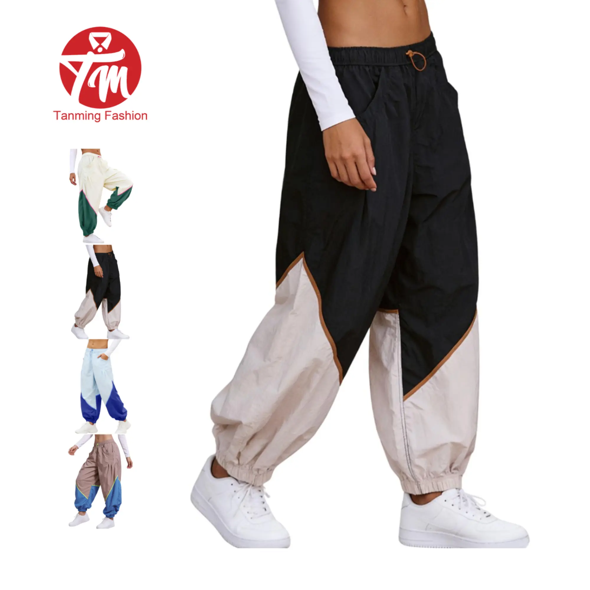 Tanming Women’s Trending Colorblock Athleisure Slouchy Track Pants - Casual Joggers, Lightweight Quick Dry Mid-Rise Gym Pants for Women, Adjustable Drawstring Waist, Pockets, Cinched Hems, Fashion Apparel for Hyrox, Colorblock Pants