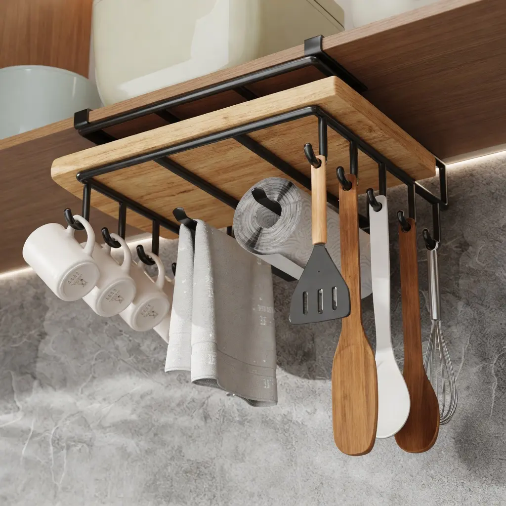 VIREFIRA Hangable Multifunctional Black Aluminium Metal Under Cabinet Storage Rack - Durable Modern Kitchen Accessory with Hooks, Space-Saving Mug & Towel Holders, Utensil Hanger for Spoons & Whisks