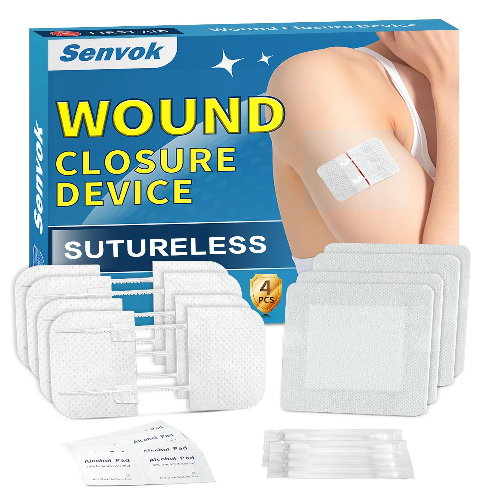 Zip Stitch Wound Closure Strips | 4-Pack Stitchless Butterfly Bandages | Adjustable Tension for Painless Laceration Repair, Post-Surgery Care & Emergency First Aid