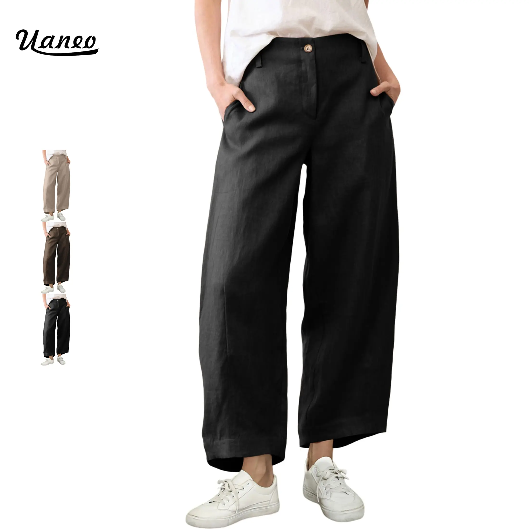 UANEO Womens Linen Pants Casual Capri Baggy Wide Leg Trousers Palazzo Pants Beach Vacation Outfits
